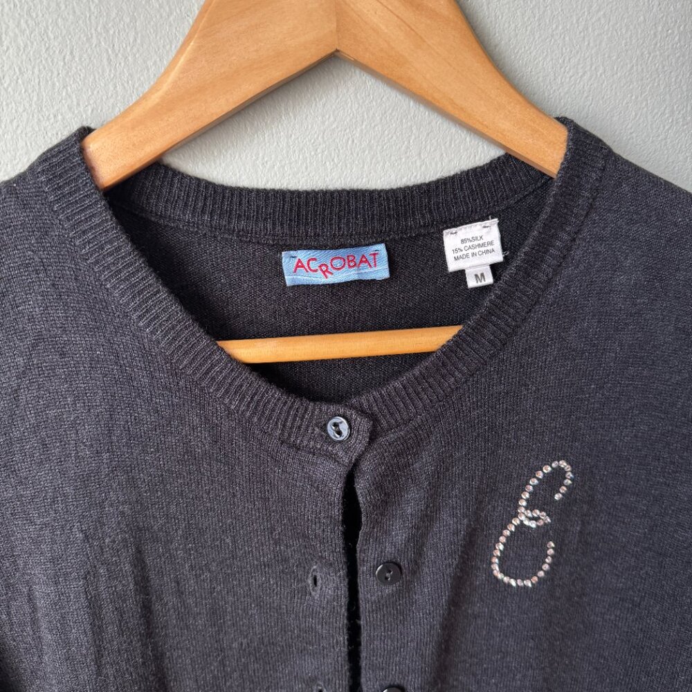 Black Silk Cashmere Cardigan E Rhinestone Monogram SP/XS - Picture 4 of 16